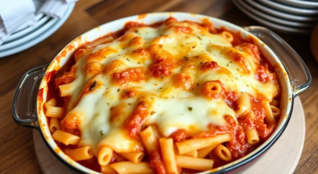 Baked ziti in casserole dish